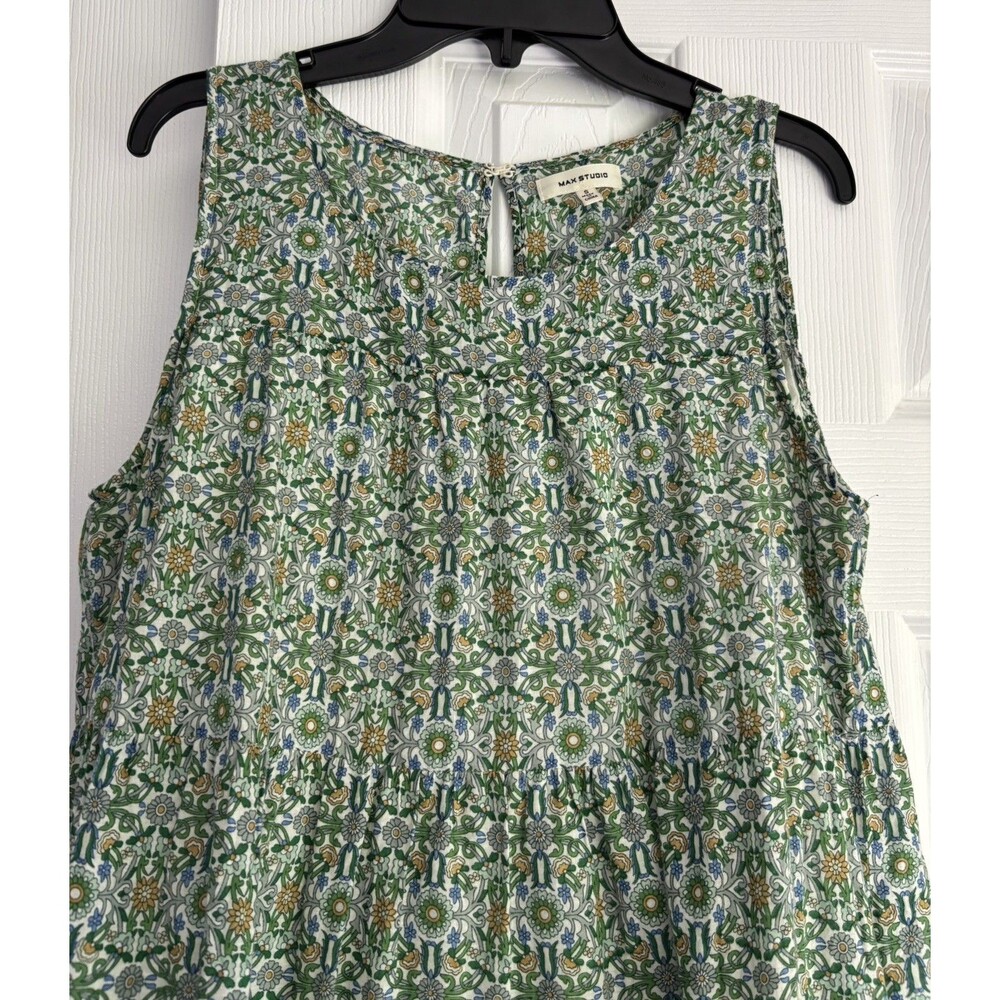 Max Studio 100% Cotton Boho Sleeveless Midi Sundress Dress Green Yellow Sz Small